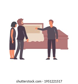 Funeral services composition of flat icons and human characters buying eternity box with seller vector illustration