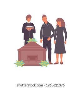 Funeral services composition of flat icons and human characters of pastor and mourners vector illustration