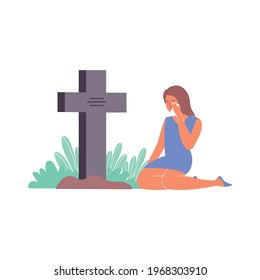 Funeral services composition of flat icons and human character of woman crying at gravestone vector illustration