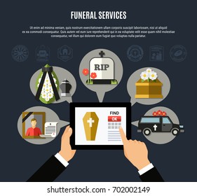 Funeral services composition with mobile application symbols flat vector illustration