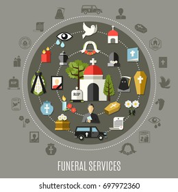 Funeral services concept set with photo church cemetery car and tomb flat vector illustration