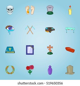 Funeral services icons set. Cartoon illustration of 16 funeral services vector icons for web