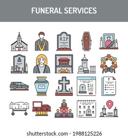 Funeral services line icons set. Isolated vector element. Outline pictograms for web page, mobile app, promo. Editable stroke.