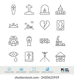 Funeral services related vector line icon set isolated on white. Pixel perfect design. Editable stroke. Adjust line weight. Expand to any size. Change to any color.