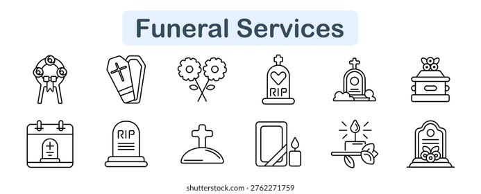 Funeral services set icon. Key ceremony, coffin, flowers, tombstone, grave monument, urn, calendar, RIP stone, cross hill, framed portrait, candle, memorial plaque. Burial ritual visuals.