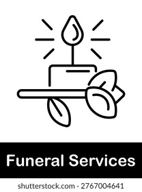 Funeral services set icon. Line icon with rounded headstone, circular mark, text lines, floral decoration base, platform stand form.