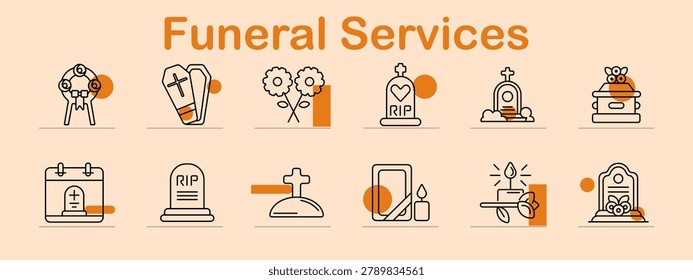 Funeral services set icon. Line symbols depict wreath ribbon, coffin box, flower bouquet, rip tombstone, grave monument, urn memorial, calendar burial, headstone marker