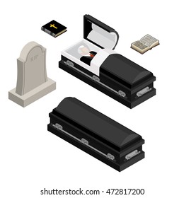 Funeral set. Dead man in coffin. Open black casket with lifeless. Holy Bible and hymnal. Tombstone and grave
