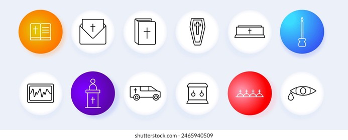 Funeral set icon. Bible, invitation, book, coffin, closed casket, candle, electrocardiogram, preacher, hearse, urn, mourners, crying eye. Funeral and memorial service concept.