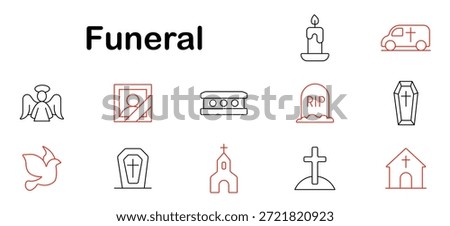 Funeral set icon. Candle, coffin, cross, grave, church, photo, angel, hearse, dove, tombstone, ceremony, sadness, farewell, memory, rest, prayer.