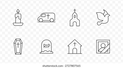 Bestattungssymbol. Kerze, Leichnam, Kirche, Taube, Sarg, Grabstein, Kapelle, Gedenkfoto, Religion, Zeremonie, Trauer, Glaube