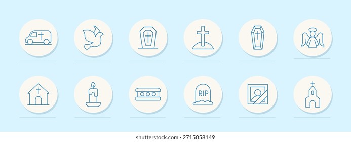 Icono de conjunto de funeral. Iconos de contorno circular con coches fúnebres, ataúdes, palomas, cruces, iglesias, velas, ángeles, lápidas y retratos enmarcados que simbolizan el duelo y el entierro