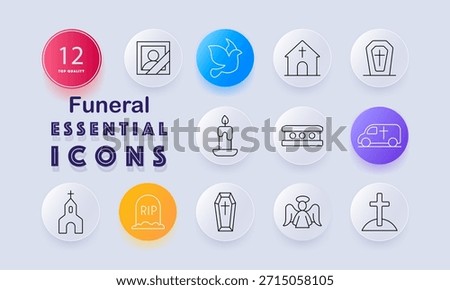 Funeral set icon. Grave, coffin, candle, tombstone, RIP marker, cross, angel, church, hearse, dove, framed photo outlined in mourning and memorial theme.