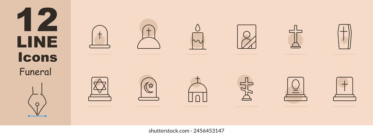 Funeral set icon. Grave, cross, Christianity, faith, burial, mound, candle, flame, portrait, ritual photo on monument, coffin, Turkish funeral traditions, temple, funeral slab. Obsequies concept.