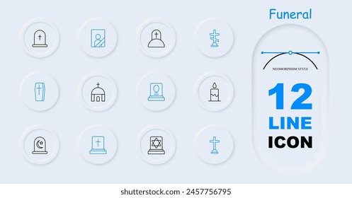 Funeral set icon. Grave, cross, Christianity, faith, burial, mound, candle, flame, portrait, ritual photo on monument, coffin, Turkish funeral traditions, temple, neomorphism. Obsequies concept.