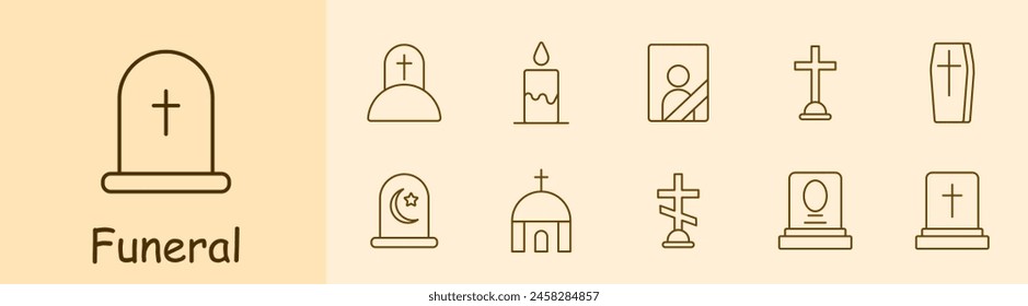 Funeral set icon. Grave, cross, Christianity, faith, burial, mound, candle, flame, portrait, ritual photo on monument, coffin, Turkish funeral traditions, temple, funeral slab. Obsequies concept.