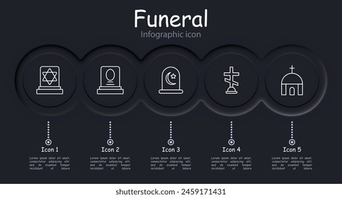 Funeral set icon. Grave, cross, Christianity, faith, burial, mound, neomorphism, flame, portrait, ritual photo on monument, Turkish funeral traditions, temple, funeral slab. Obsequies concept.