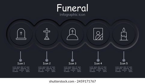 Funeral set icon. Grave, cross, Christianity, faith, burial, mound, candle, flame, portrait, ritual photo on monument, coffin, infographic, traditions, temple, funeral slab. Obsequies concept.