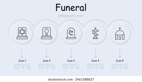 Funeral set icon. Grave, cross, Christianity, faith, burial, mound, neomorphism, flame, portrait, ritual photo on monument, Turkish funeral traditions, temple, funeral slab. Obsequies concept.