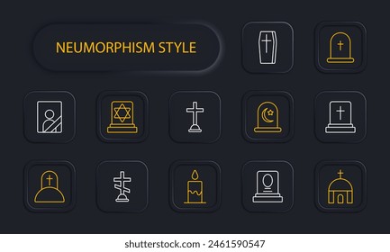 Funeral set icon. Grave, cross, Christianity, faith, burial, mound, candle, flame, portrait, ritual photo on monument, coffin, Turkish funeral traditions, temple, neomorphism. Obsequies concept.