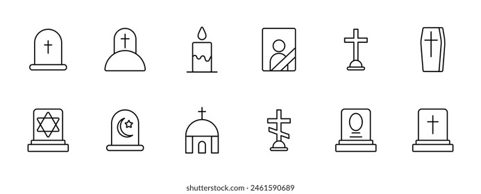 Funeral set icon. Grave, cross, Christianity, faith, burial, mound, candle, flame, portrait, ritual photo on monument, coffin, Turkish funeral traditions, temple, funeral slab. Obsequies concept.