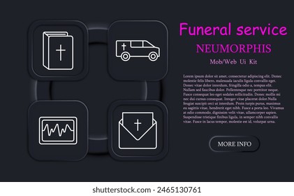 Funeral set icon. Grave, cross, Christianity, faith, burial, book, hearse, car, pulse, letter, ritual, Bible, rest, neomorphism, traditions, prayer, inhumation. Obsequies concept.