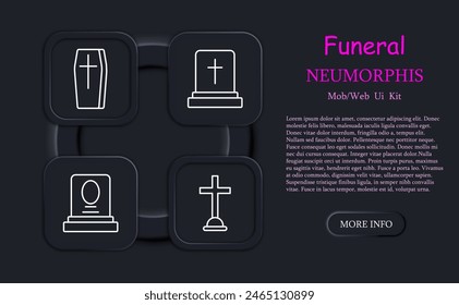 Symbol für Bestattungsset. Grab, Kreuz, Christentum, Glaube, Beerdigung, Trauernde, Ritual, Sarg, Sarg, Neomorphismus, Traditionen, Tempel, Grabplatte. In: Obsequies concept.