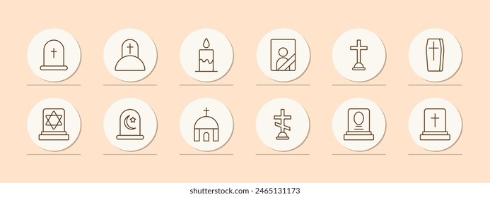 Funeral set icon. Grave, cross, Christianity, faith, burial, mound, candle, flame, portrait, ritual photo on monument, coffin, Turkish funeral traditions, temple, funeral slab. Obsequies concept.