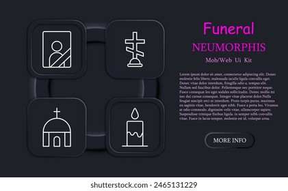 Funeral set icon. Grave, cross, Christianity, faith, burial, candle, flame, portrait, ritual photo on monument, coffin, neomorphism, temple, funeral slab. Obsequies concept.