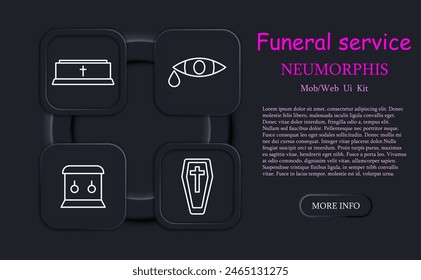Symbol für Bestattungsset. Grab, Kreuz, Christentum, Glaube, Beerdigung, Trauernde, Ritual, Sarg, Sarg, Neomorphismus, Traditionen, Tempel, Grabplatte. In: Obsequies concept.