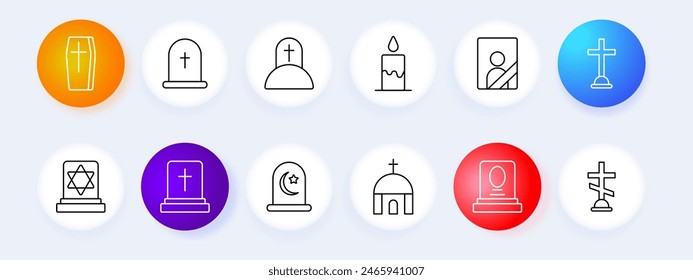 Funeral set icon. Grave, cross, tomb, Christianity, faith, burial, mound, candle, flame, portrait, ritual photo, monument, coffin, corpse, deceased, cremation, mourner, tradition, temple, funeral slab