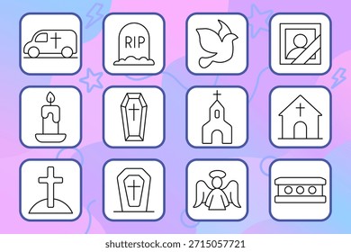 Icono de conjunto de funeral. Corazón, tumba, paloma, retrato, vela, ataúd, iglesia, cruz, ángel, tumba, ceremonia, religión, muerte, paz, memorial.