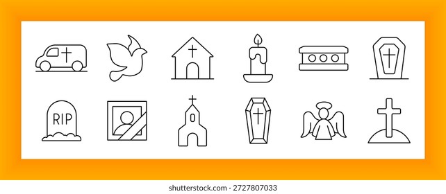 Bestattungssymbol. Ikonen sind Leichenwagen, Taube, Kirche, Kerze, Sarg, Grabstein, Portraitrahmen, Engel und Grabelemente für Gedenk-, Bestattungs- und religiöse Trauerkontexte.