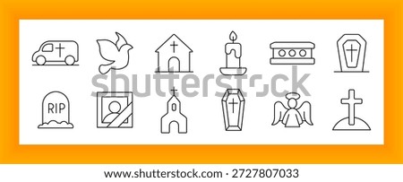 Funeral set icon. Icons include hearse, dove, church, candle, coffin, tombstone, portrait frame, angel, and grave elements for memorial, burial, and religious mourning contexts.