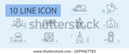 Funeral set icon. Line icons showing hearse, coffin, church, candle, angel, gravestone, cross, framed photo, dove, RIP symbol, burial, farewell
