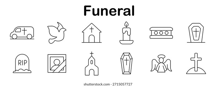 Icono de conjunto de funeral. Elementos funerarios de estilo de línea que muestran un coche fúnebre, una iglesia, una cruz, una vela, una lápida, un ángel, un ataúd, una paloma y un retrato conmemorativo