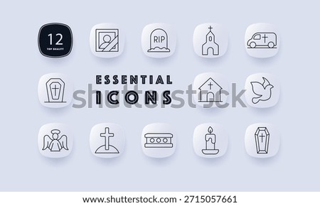 Funeral set icon. Rounded icons show coffin, church, candle, dove, angel, grave, vehicle, cross, memorial portrait, RIP stone, and mourning-related religious symbols.