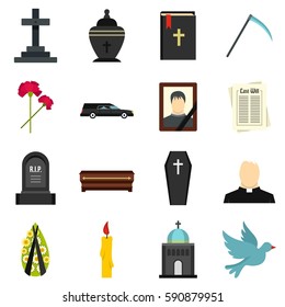 Funeral set icons in flat style isolated on white background