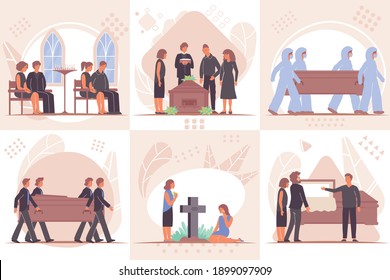 Funeral set of six square compositions with views of burial rituals and covid-19 eternity box vector illustration