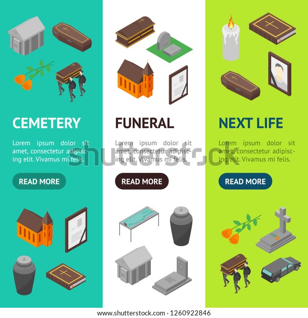Funeral Signs 3d Banner Vecrtical Set\
Isometric View Include of Candle, Church, Grave, Cross, Tombstone,\
Coffin and Monument. Vector\
illustration