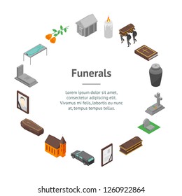 Funeral Signs 3d Set Banner Card Circle Isometric View Include of Candle, Church, Grave, Cross, Tombstone, Coffin and Monument. Vector illustration