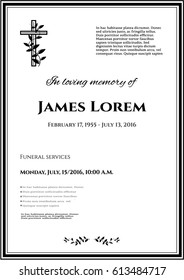 Funeral Template Card With Simple Cross And Black Flowers, Place For Text