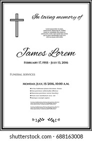Funeral template card with simple cross and black flower leaves, place for text