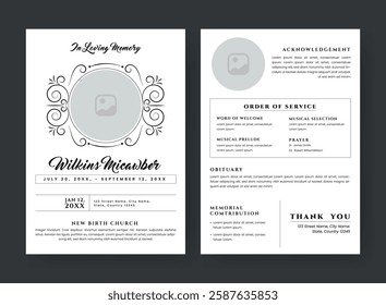 Funeral  Template for Memorial Program. Minimalist Bifold Brochure Design Layout.
