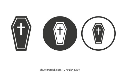 Funeral theme decorative elements set, minimalist line style, traditional coffins, wooden caskets, crosses, and burials