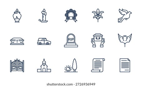 Conjunto de iconos de temas de funeral con líneas gruesas Ilustración vectorial