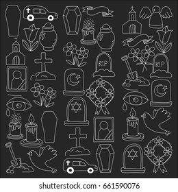 Funeral thin line icon. Set of funeral objects Doodle vector icons RIP