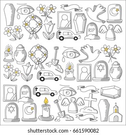 Funeral thin line icon. Set of funeral objects Doodle vector icons RIP