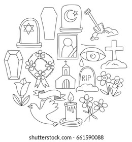 Funeral thin line icon. Set of funeral objects Doodle vector icons RIP