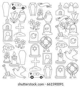 Funeral thin line icon. Set of funeral objects Doodle vector icons RIP